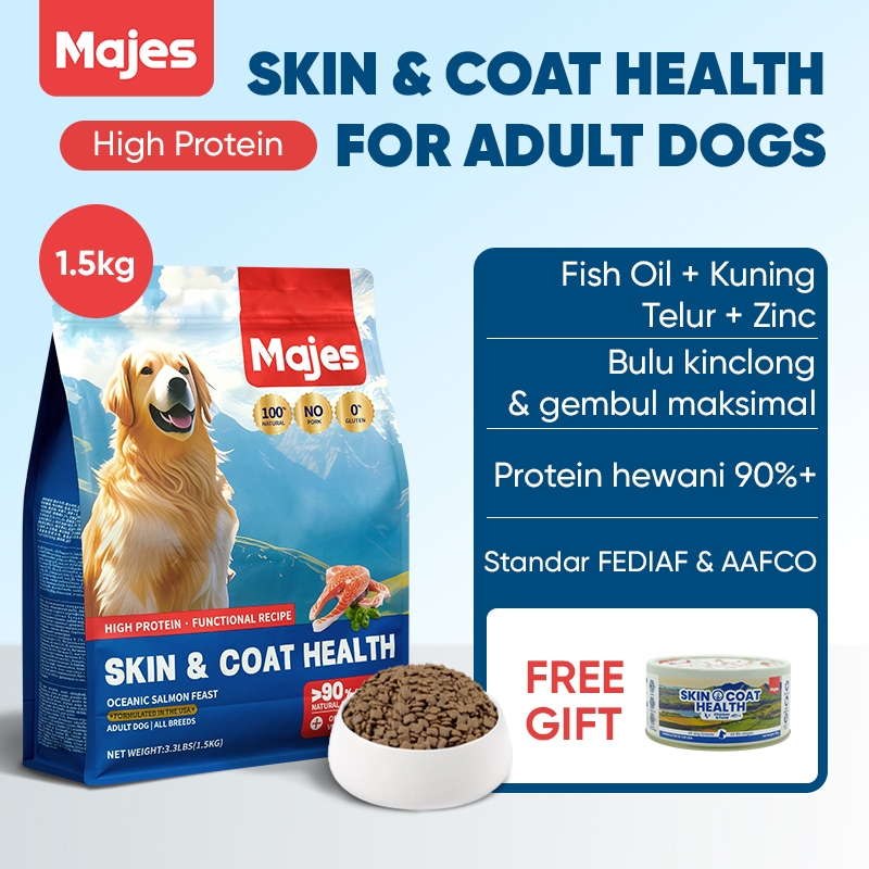 Majes Makanan Anjing Kering High Protein Hair & Skin Care Rasa Salmon 1.5kg – Kulit & Bulu Sehat Tin