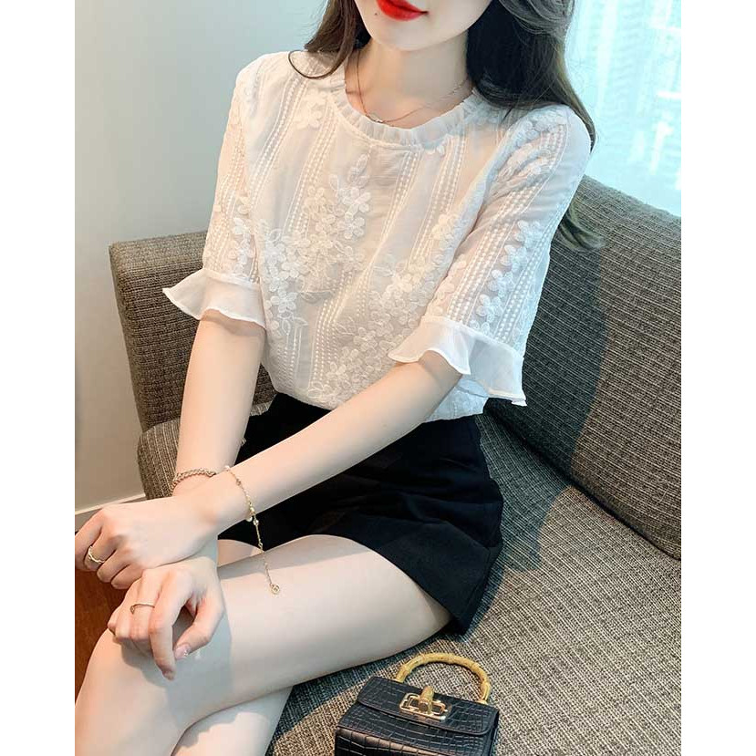 blouse putih chiffon wanita korea import T9002