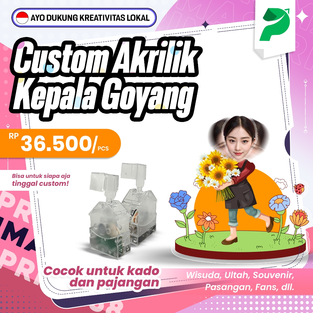Custom Kepala Goyang Akrilik – Pajangan Dashboard Mobil | UV Print | Express / Sameday