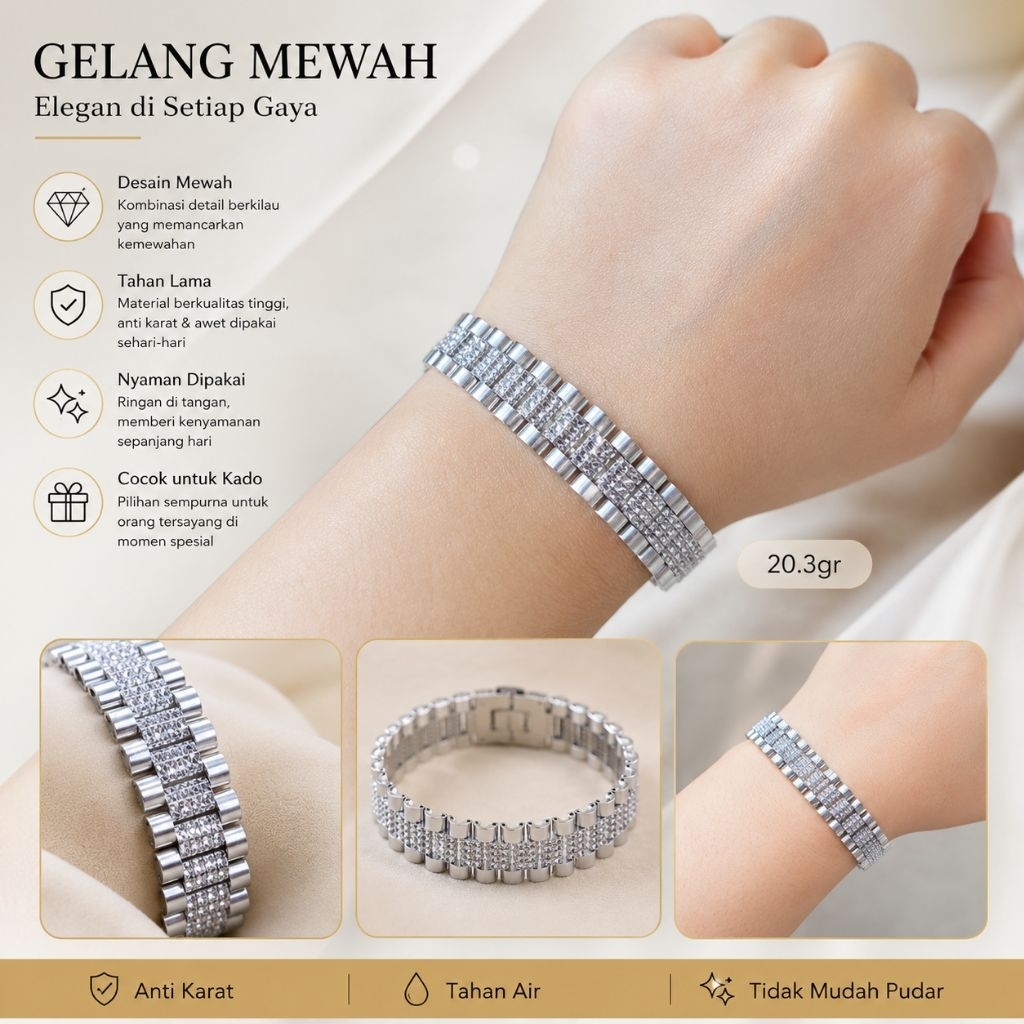 GELANG EMAS ASLI PUTIH ROSEGOLD MODEL JAM TANGAN MEWAH