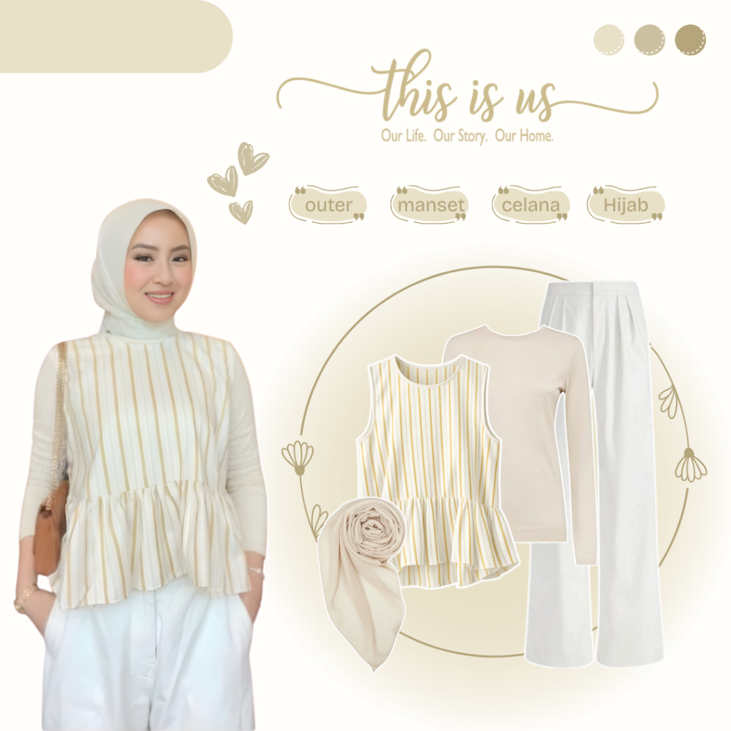One Set Wanita Terkini | Outer Salur + Manset + Celana + Hijab | Satu Set Outfit Remaja - AM253N