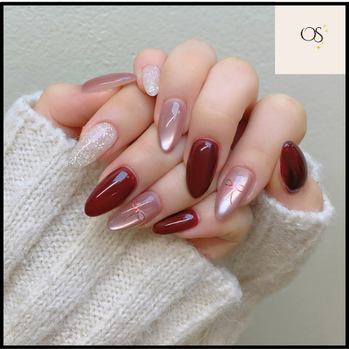 Kuku Palsu (FREE LEM) Motif Pita Merah Marron Pink Glitter Cantik Kuku Nail Art Premium Wisuda Sekol