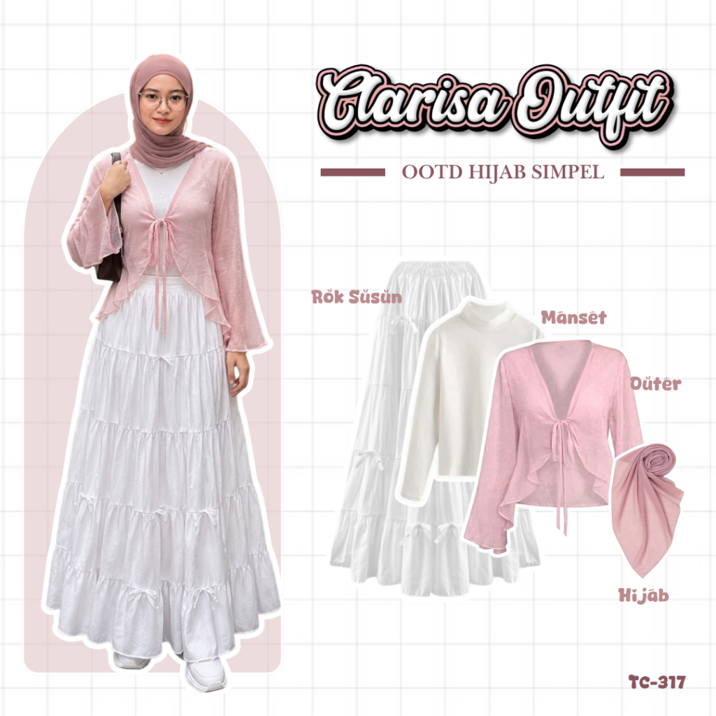 4in1 Set Cardigan Pevita Feminin Stylish Outfit ( Rok Susun Pita + Outer pantai + manset + hijab ) S