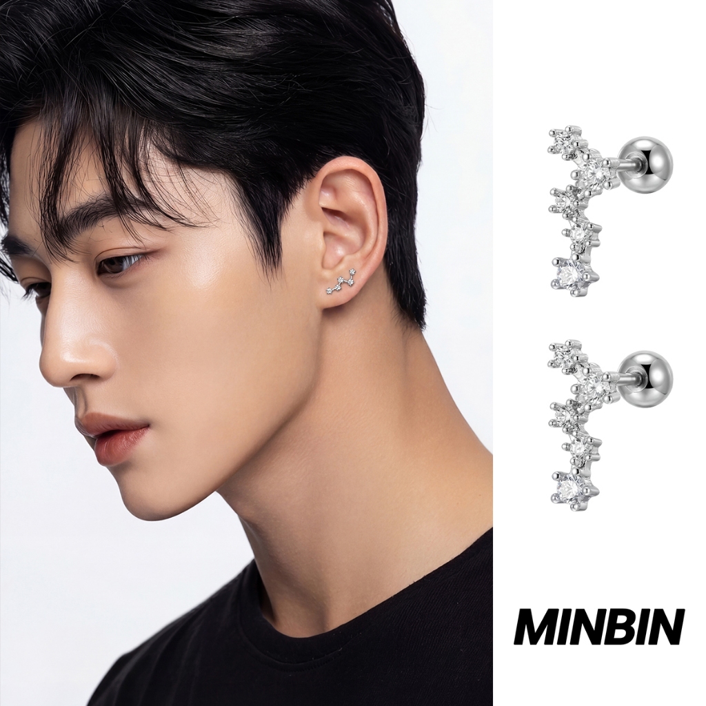 MINBIN Anting Tusuk Pria Silver Look Kristal Zirkon Melengkung Bahan Tembaga Anti Karat Elegan Keren