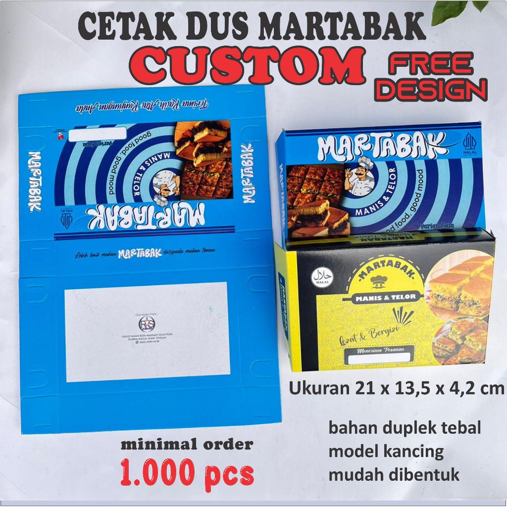 Cetak Dus Martabak Custom Ukuran 21x13,5x4,2cm Bahan Duplex Tebal Model Kancing