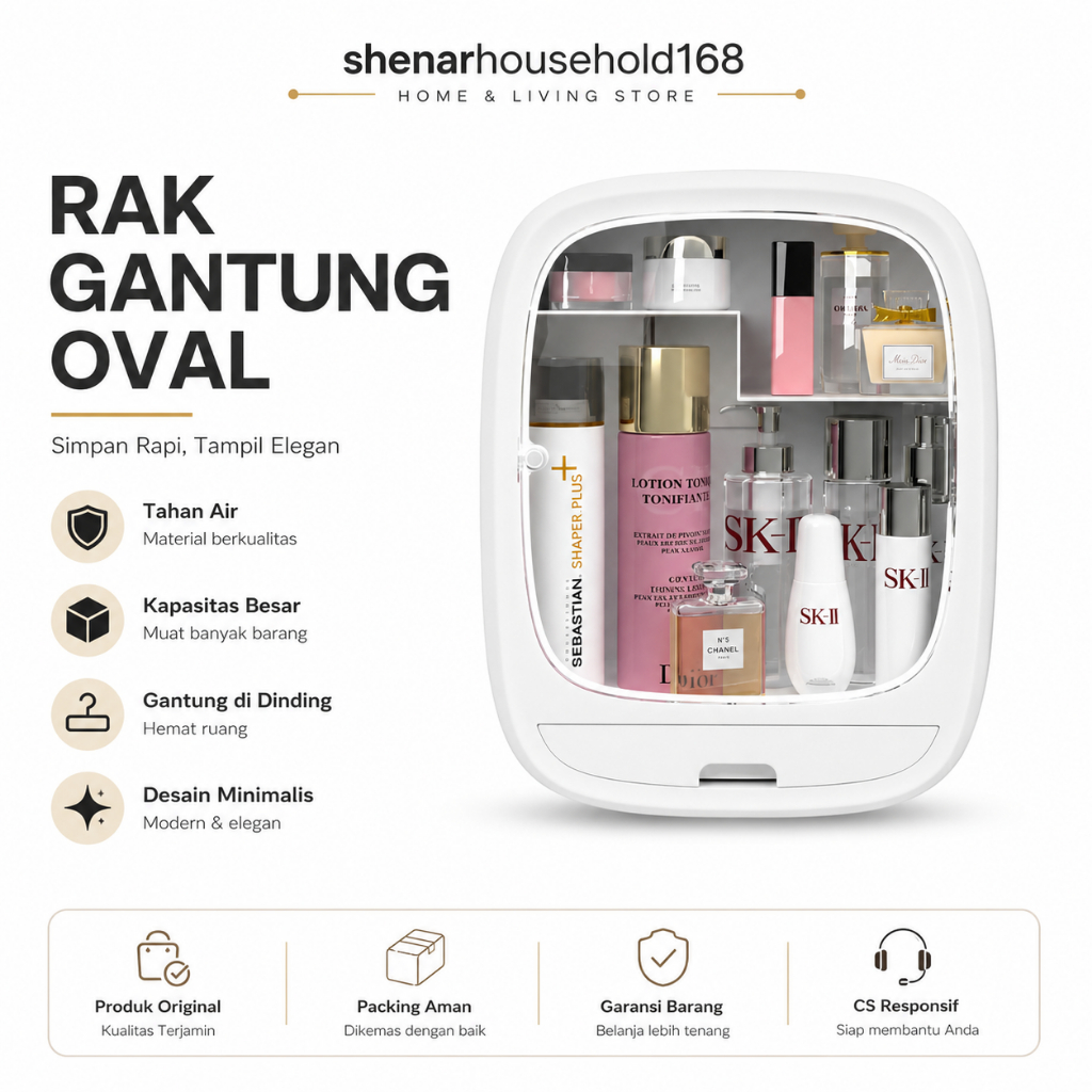 Rak Kosmetik Dinding Gantung Plastik Organizer Lemari Make Up Oval Penyimpanan P3K Multifungsi