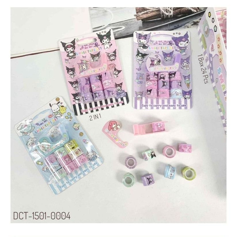 Set Selotip Mini 2 in 1 Motif Kartun Lucu Plus Dispenser Pemotong Tape Washi Tape Estetik Alat Tulis