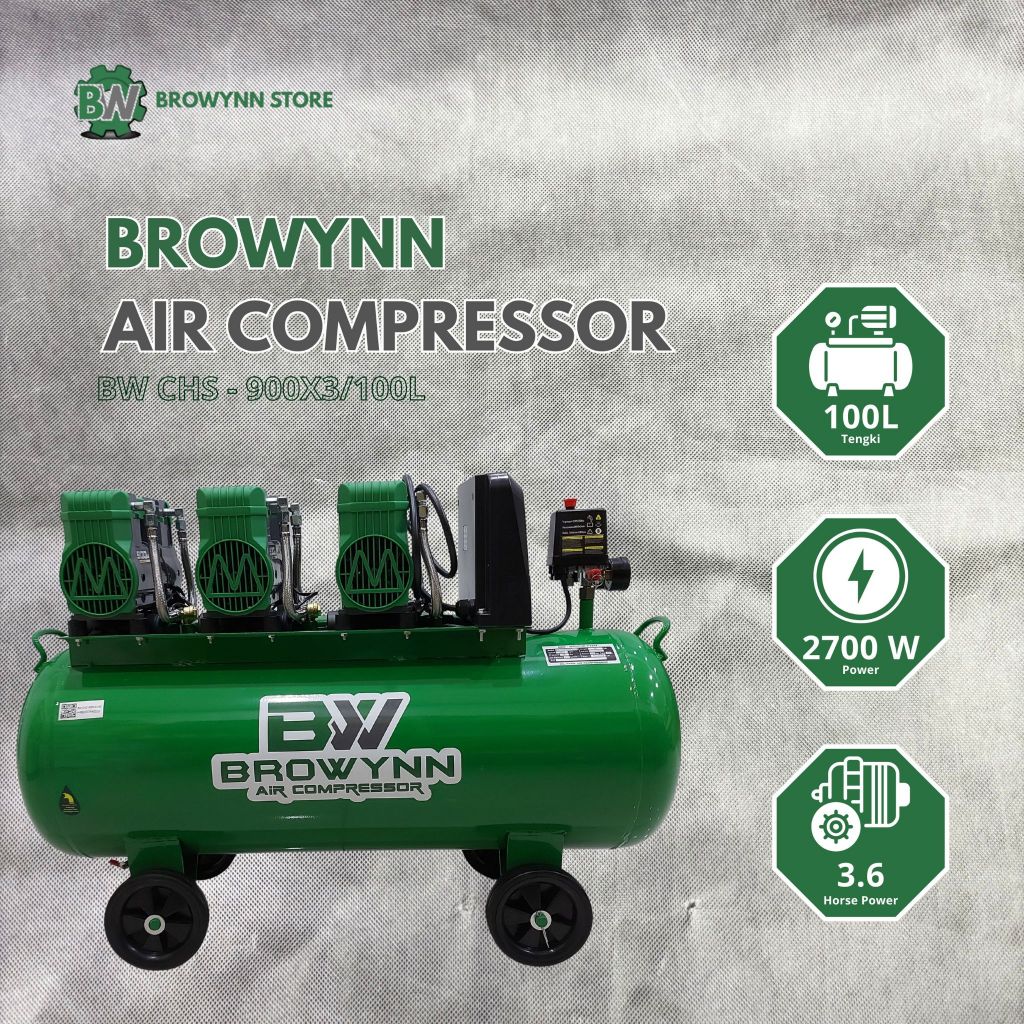 Browynn Kompresor Angin Listrik Oilless 100 Liter 8 Bar 3.6 HP 2700 Watt - Kapasitas Besar, Tekanan 