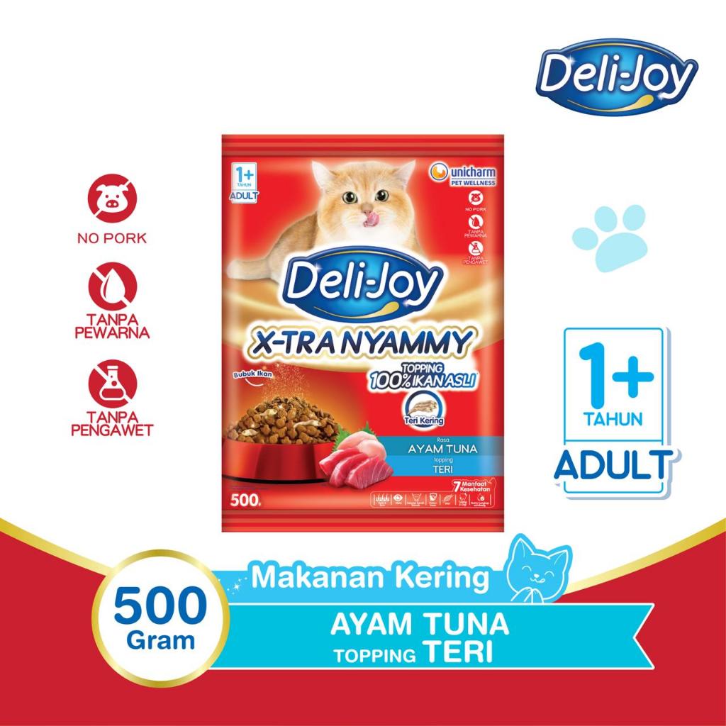 Deli-Joy Makanan Kucing Kering Adult Ayam Tuna Topping Teri 500g - 2 Packs