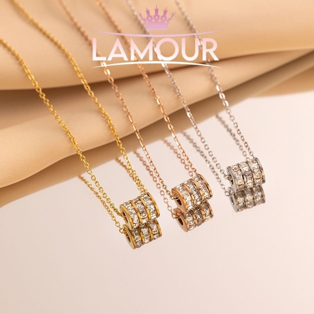 Lamour • Perhiasan Kalung Liontin Permata Tabung Titanium / Kalung Mata Berlian Stainless Steel / Ka