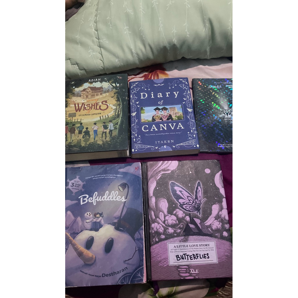 pre loved novel 7 wishes/diary of canva/photo book diamond gang/butterflies/befuddles