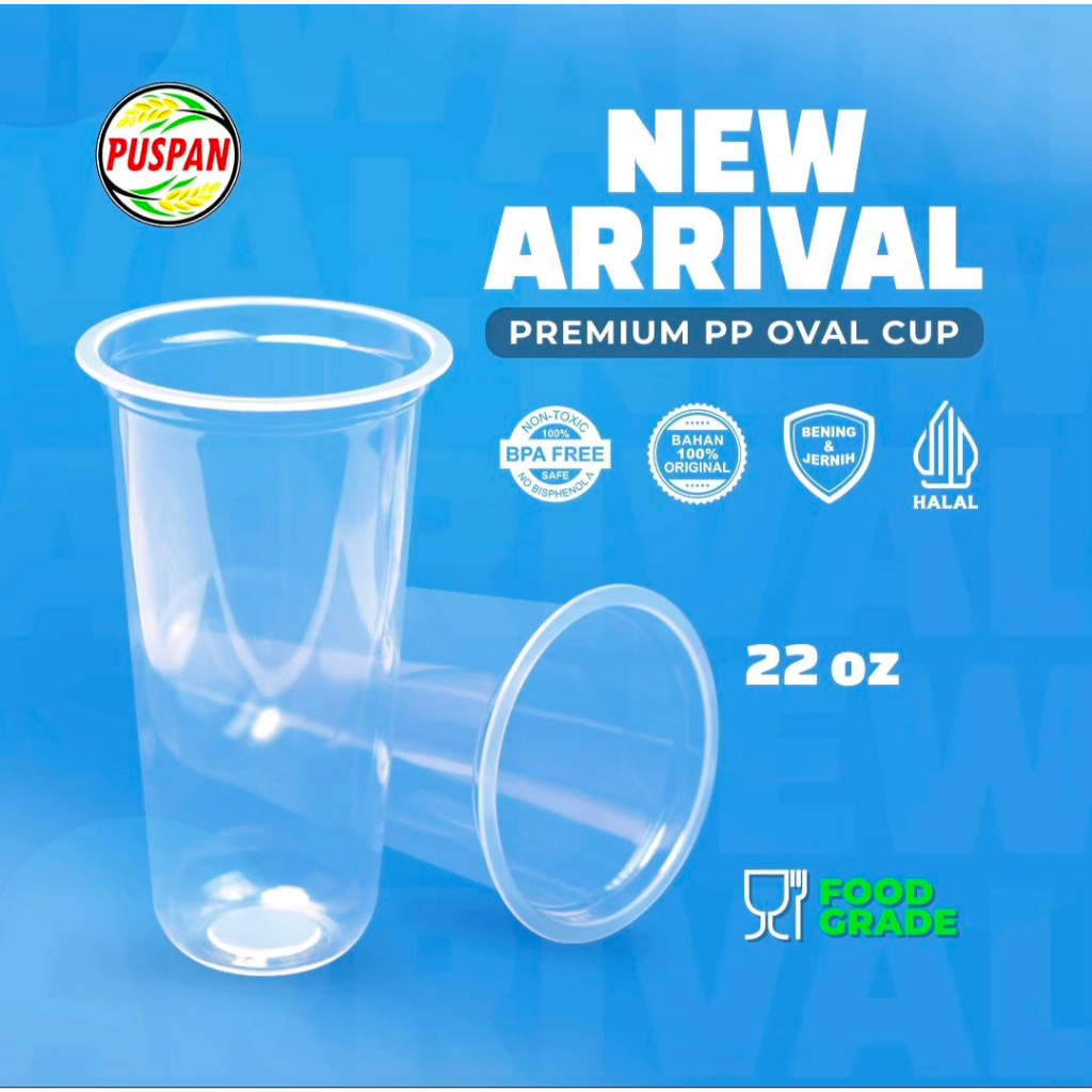 (1Dus) gelas plastik Oval puspan 16oz I 18oz I 22oz- Bahan PP Premium ,Tebal , Kokoh