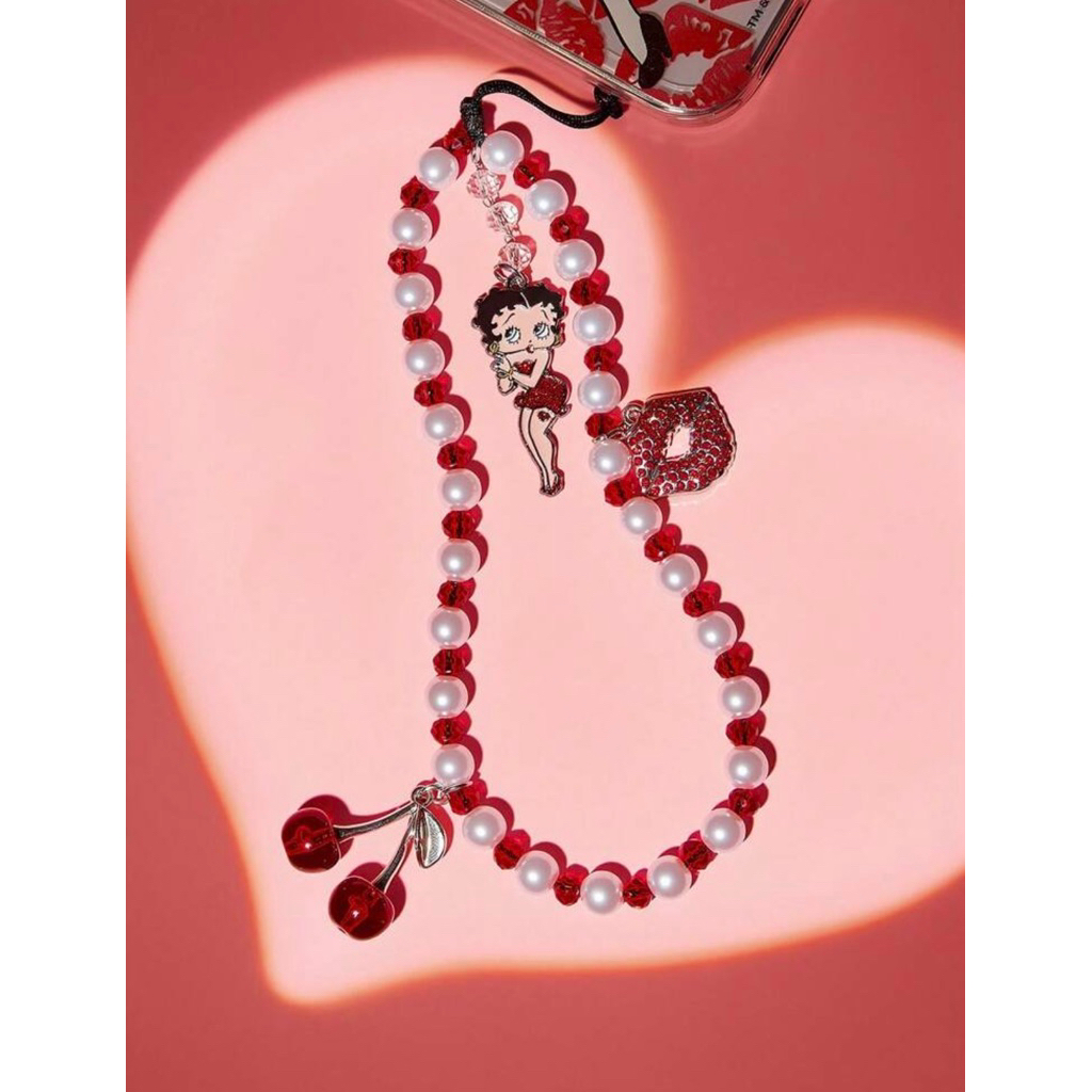 Betty Boop x SHEIN Fashion Zinc Alloy Red White Handmade Beaded Mobile Phone Chain Ladies Sweet Mobi