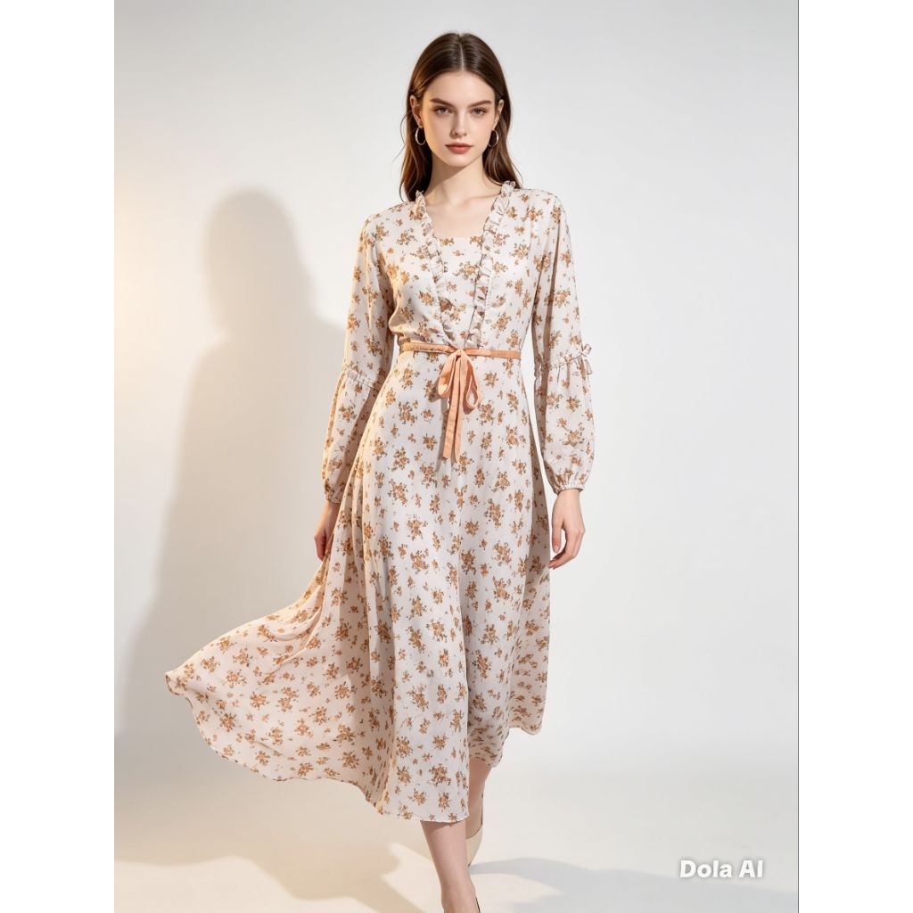 Dress Midi Motif Bunga Meistyle Sifon Sutra Ruffle Belt LD 110 Fit L