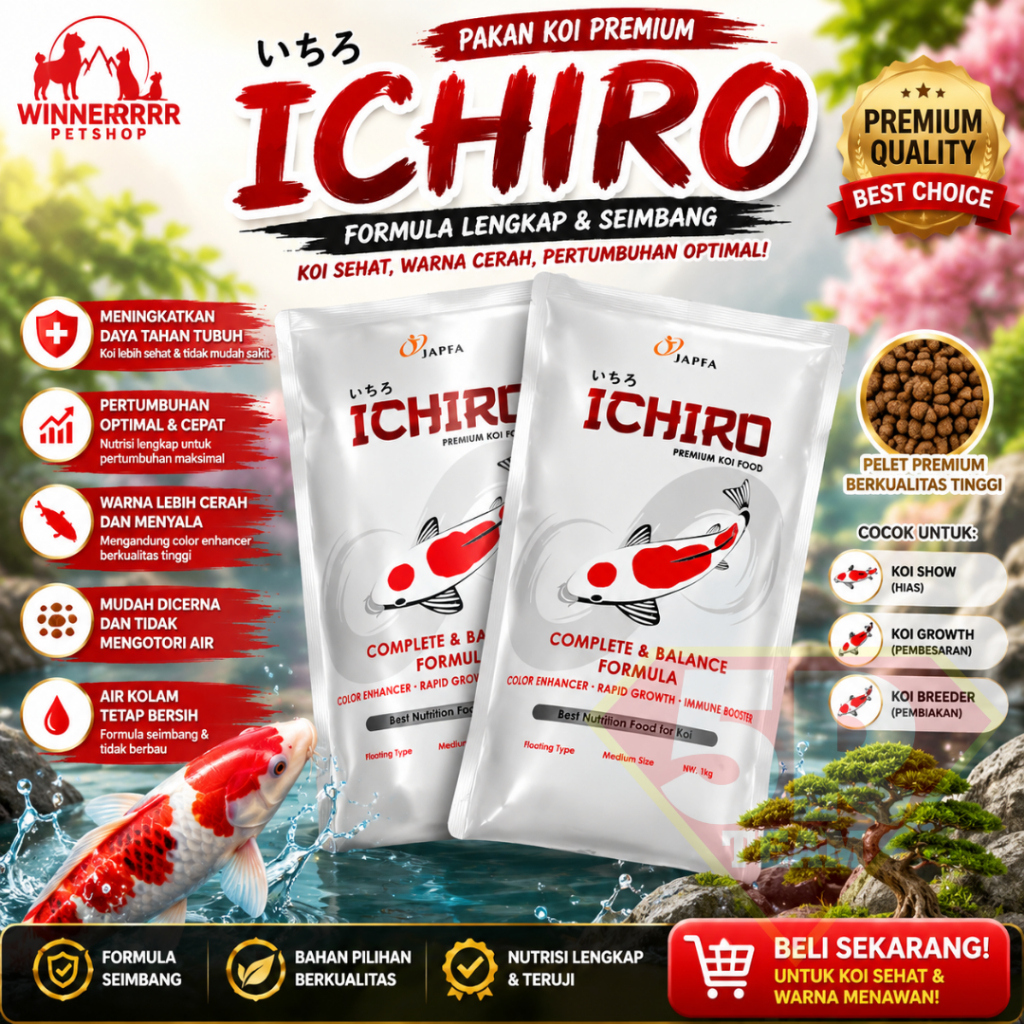 Ichiro Pakan Koi Ikan Pelet 1kg | Medium Ikan Hias Koi Japfa
