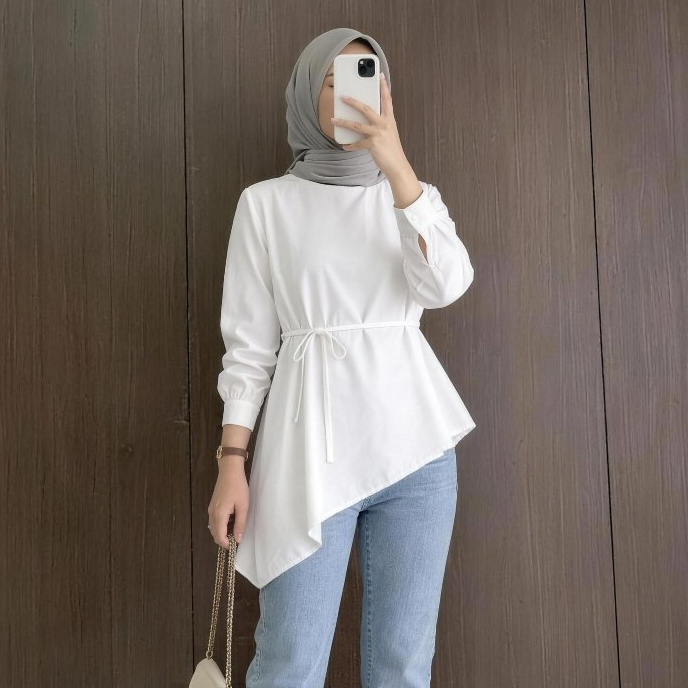 BLOUSE ASIMETRIS RAYON TWILL MINA | BAJU ATASAN WANITA TALI SERUT MINIMALIST KOREAN LOOK