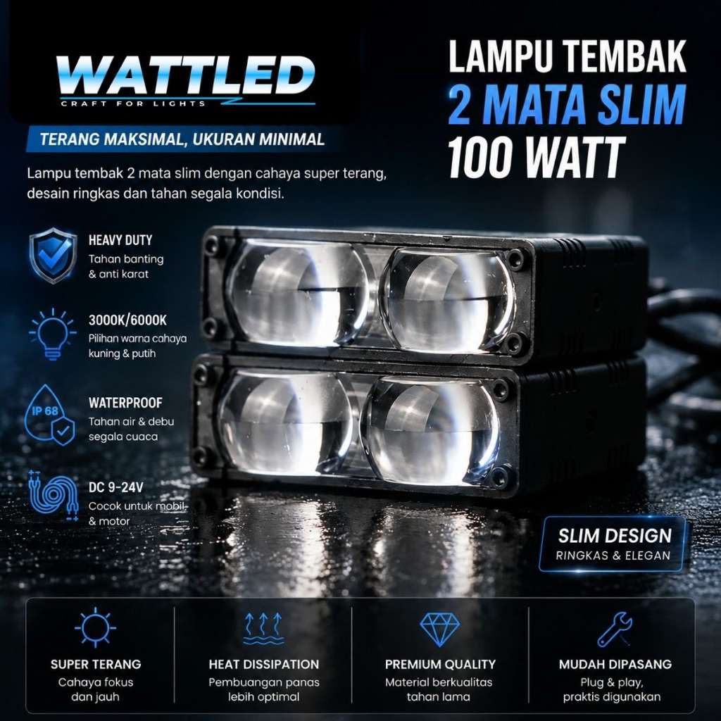 Wattled Lampu Tembak Mini Projie 2 Mata Motor Mobil Slim Kuning Putih Waterproof Anti Konslet 100 Wa