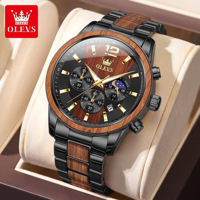OLVES Jam Tangan Pria Anti Air Original Terbaru Stainless Steel Unik Fashion Tahan lembab kayu Men W