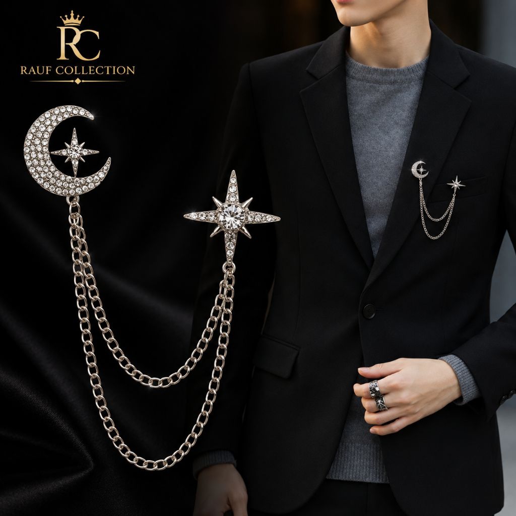 Bros pin lapel bulan bintang full mata lapel pin bros rantai bulan bintang mewah dan elegan