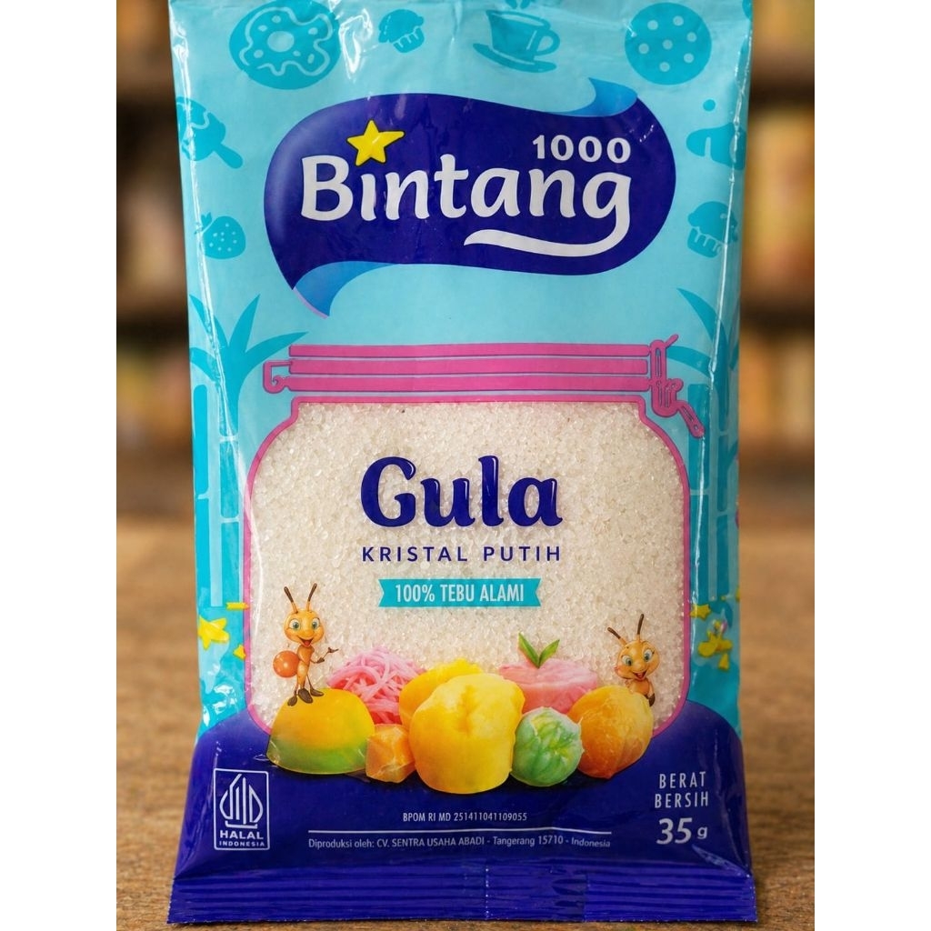 Gula Pasir Bintang 1000 Kristal Putih - SACHET 35gr 1 RENCENG ISI 10 SACHET | Gula Putih Premium Teb
