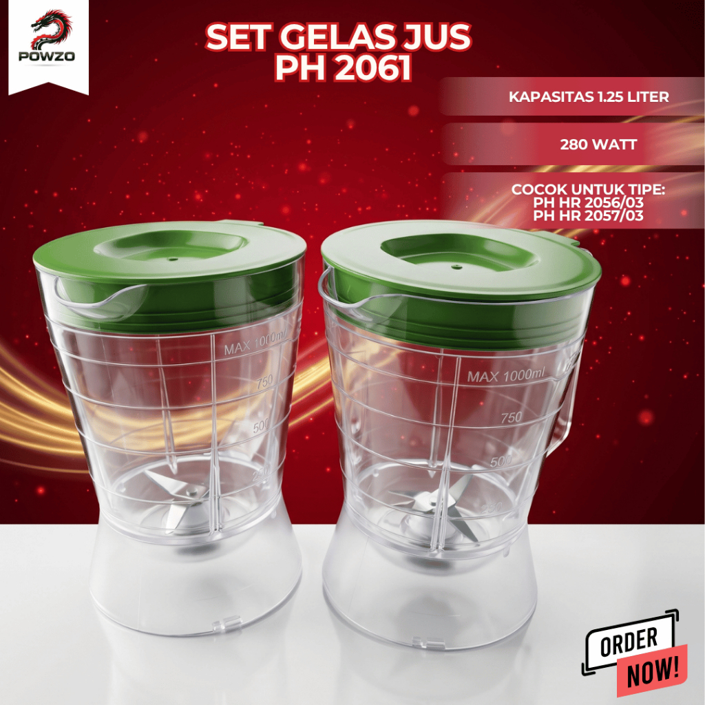 POWZO SET GELAS JUS PH HR 2056 2057 HIJAU / SET BLENDER PH HR 2056