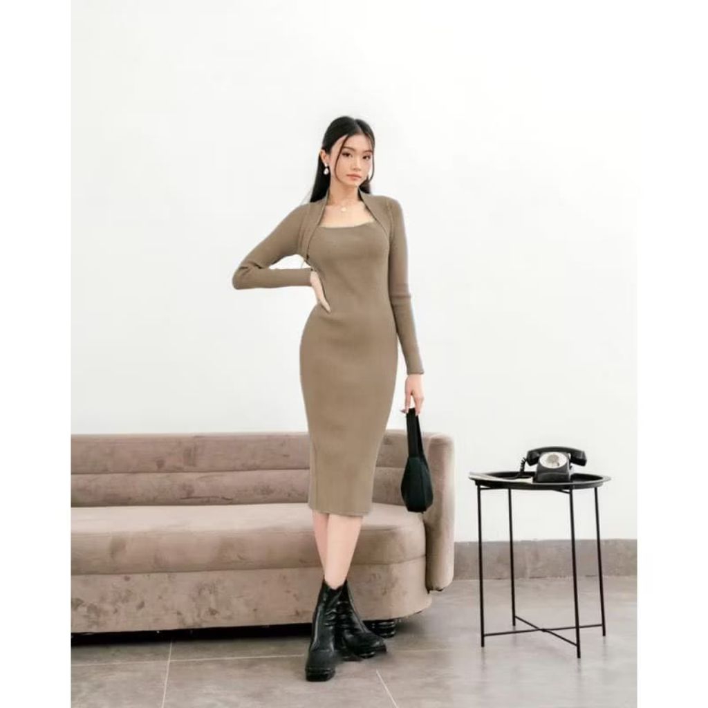 Livia Mode Dress Lengan Panjang Wanita Korean style Square Neck Bodycon 6049