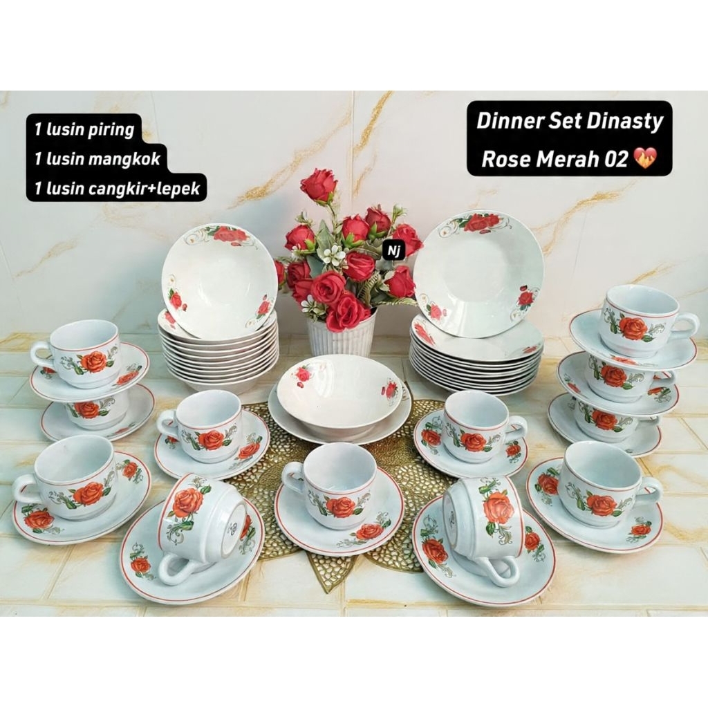 Piring Dinner Set Rose Hijau / Ungu / Merah Keramik