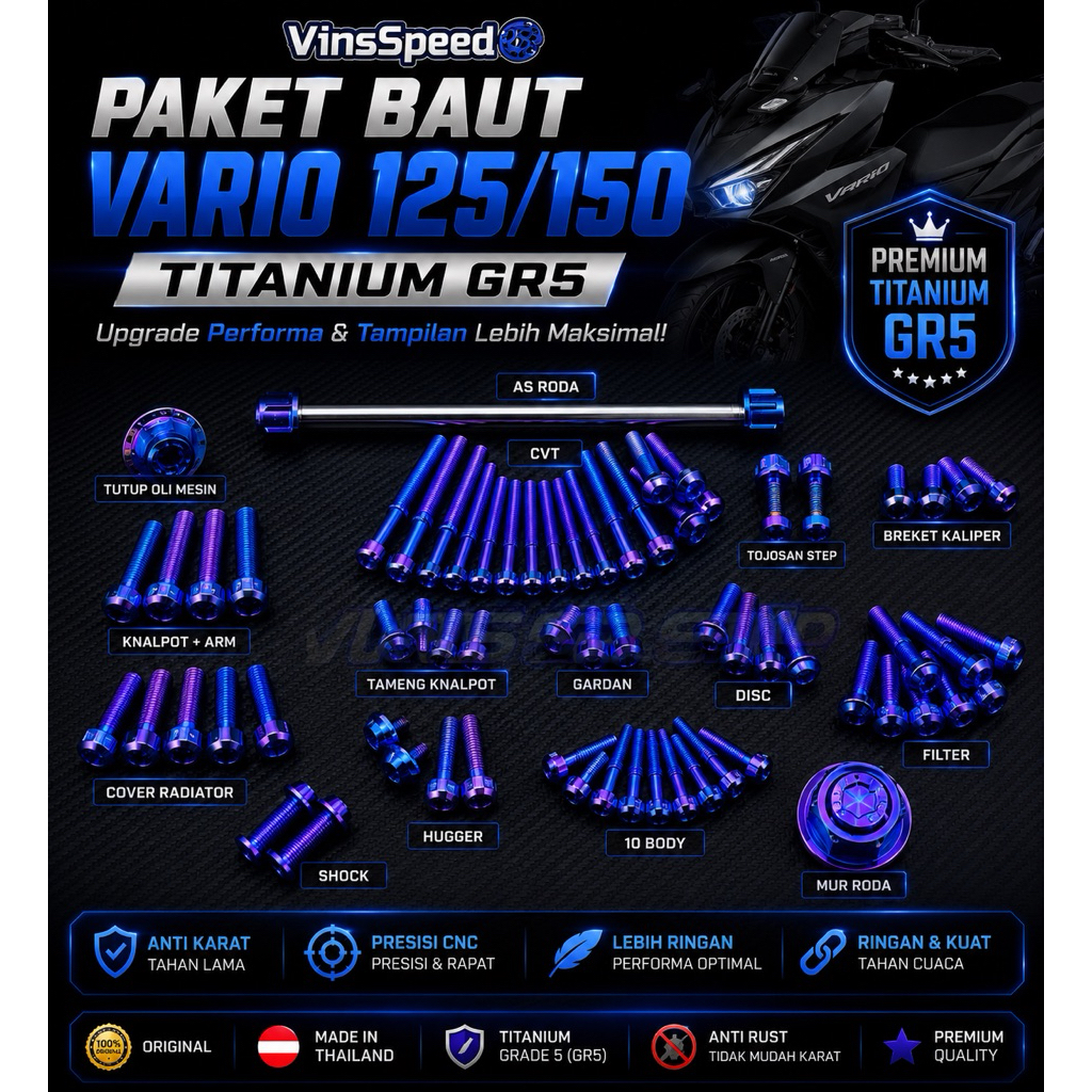 Paket Baut Titanium Vario 125/150 LED Old & New - Full Set GR5 Original Stylish Baut Set Titanium Va