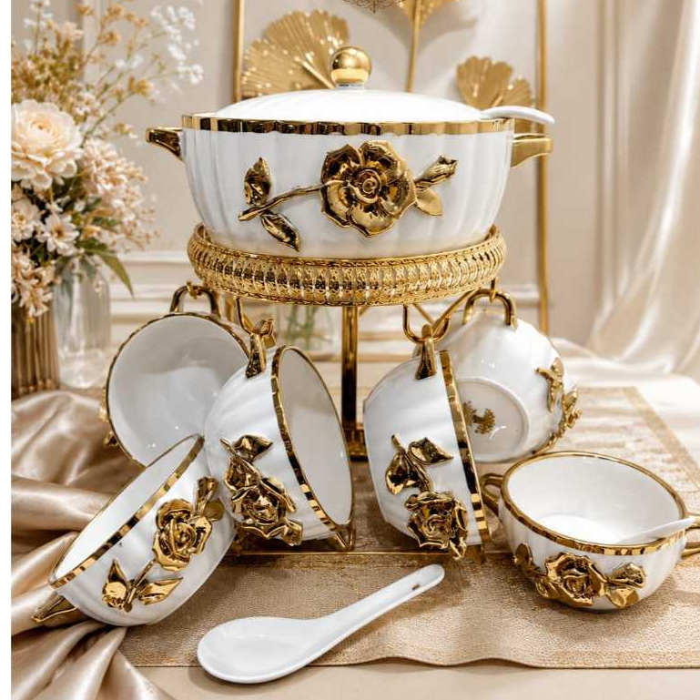 Soup Tureen Set Sop Keramik Fiorenza dengan Rak Kitchenware AN-628