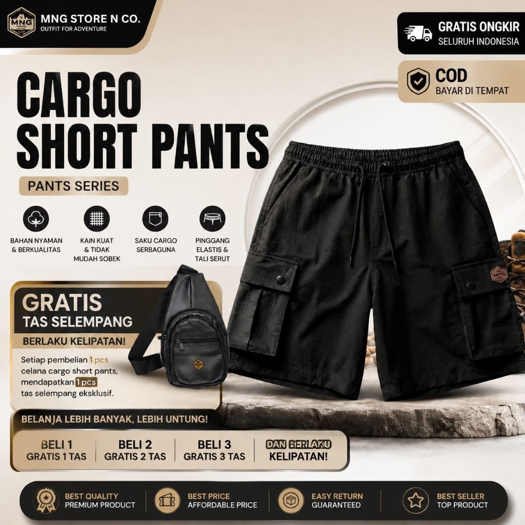 MnG Celana Cargo Pendek Hitam Pria Wanita Nyaman Dan Trendy