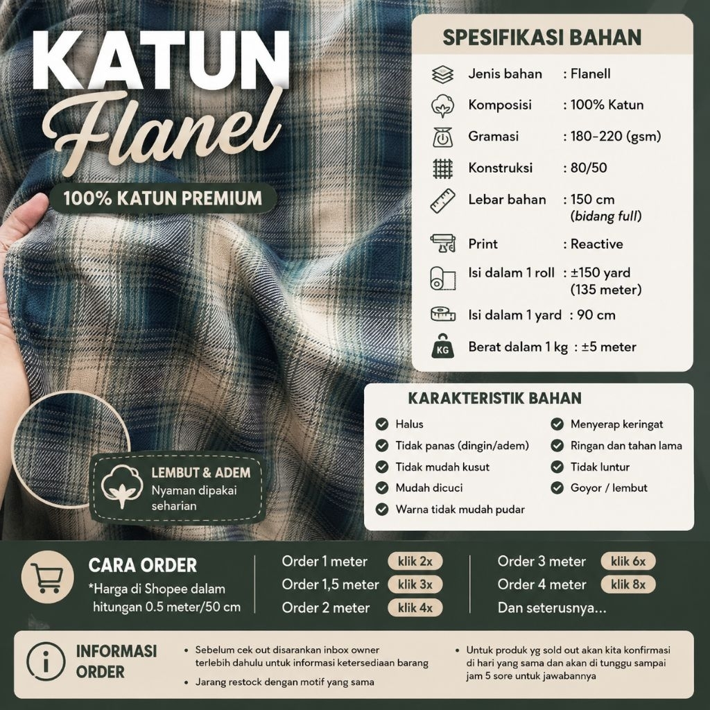 kain katun flanell // kain flanel motif kotak // kain flanell meteran // kain flanel uniqlo