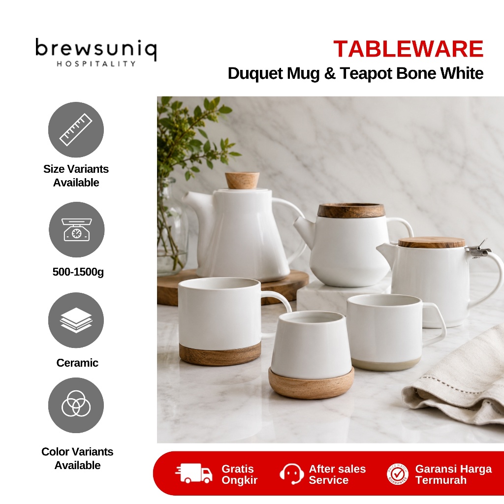BREWSUNIQ - Duquet Mug & Teapot Bone White | Cangkir Keramik Set Estetik Minimalis Tea Set Premium
