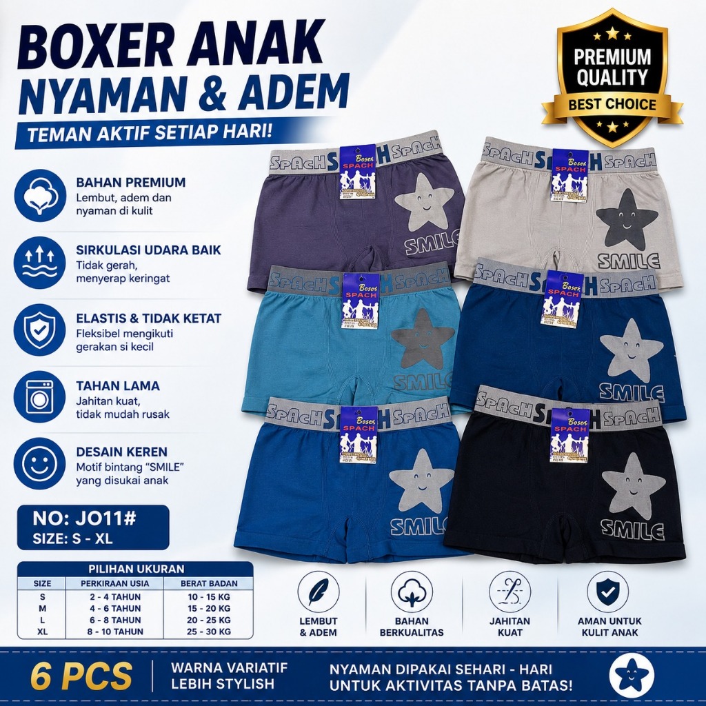[6 pcs - 12 pcs] Celana Dalam Boxer Anak Laki-Laki Spach Motif Sepak Bola Football/VolleyBall Bahan 