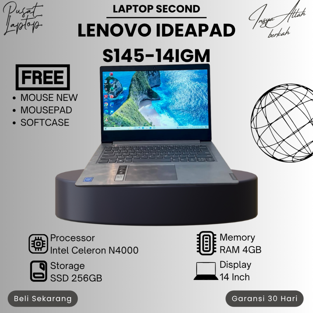 LENOVO IDEAPAD S145-14IGM SECOND | INTEL CELERON N4000 | RAM 4GB | SSD 256GB | NORMAL | BERGARANSI