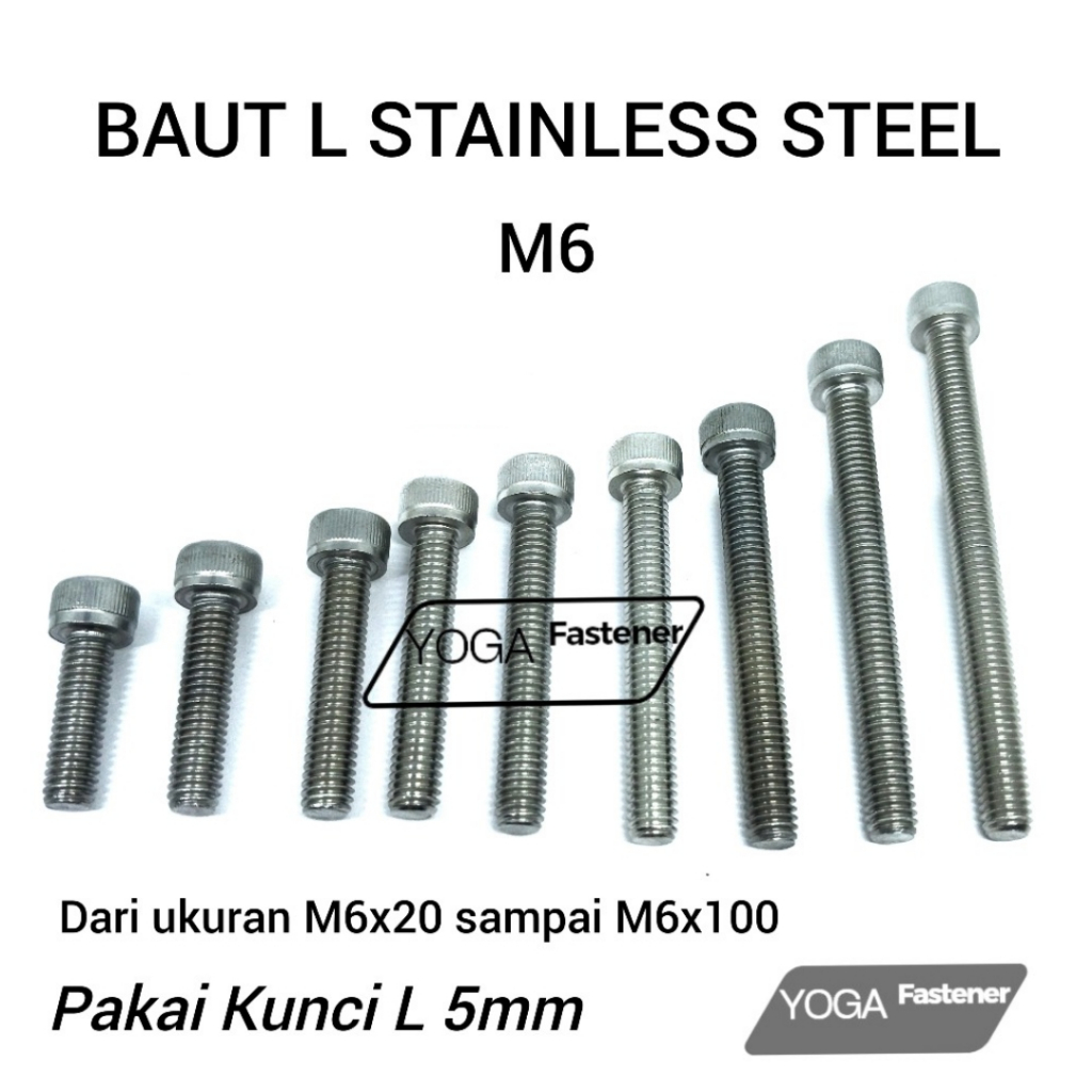 100 Pcs Baut L M6 Stainless steel ukuran M6x20 sampai M6x100.
