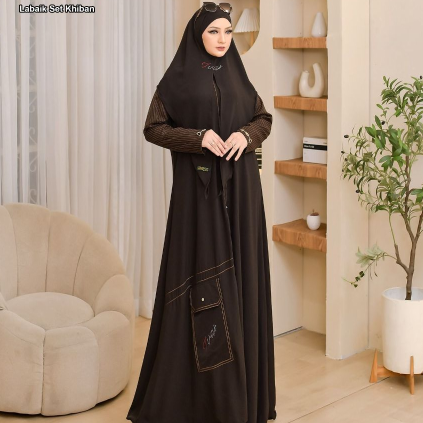 Adha Syari by Ivas Production Gamis Umroh Ceruty Hitam Putih Gamis Syari Set Khiban Muslimah Premium