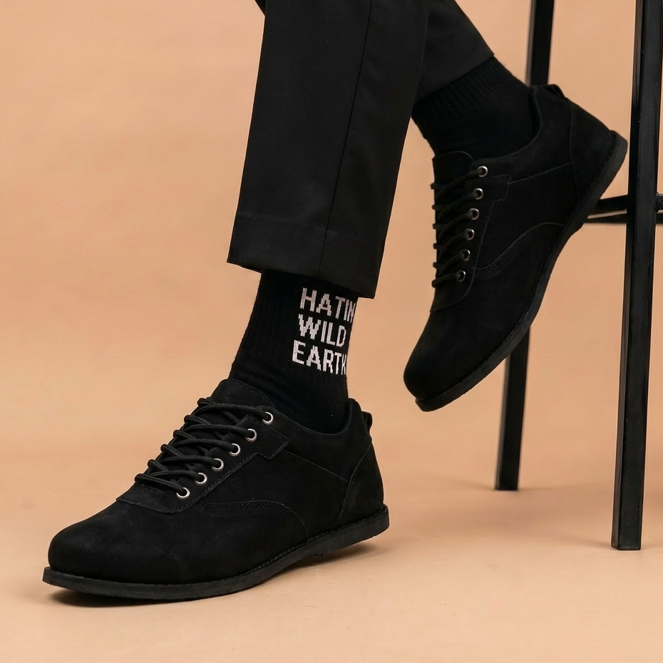 ENSAO ESAN - Sepatu Casual Pria Hitam Suede Kasual Tali Polos