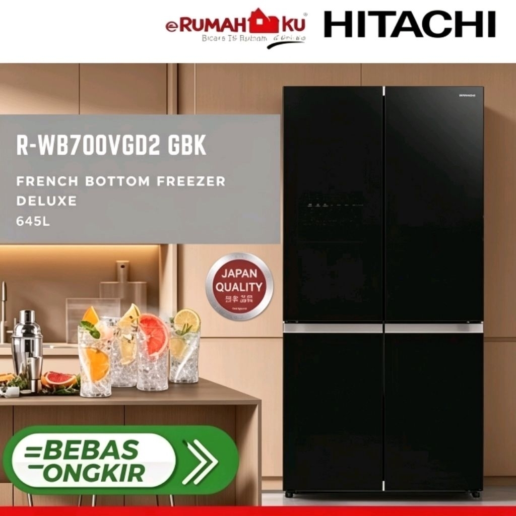 Hitachi Kulkas R-WB700VGD2 GBK / French Bottom Freezer 4 Pintu Glass Black