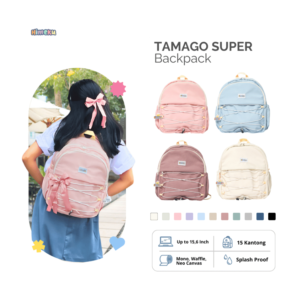 Himeku TAMAGO SUPER Backpack - Tas Besar - Muat Laptop - Ransel Kanvas Wanita Pria