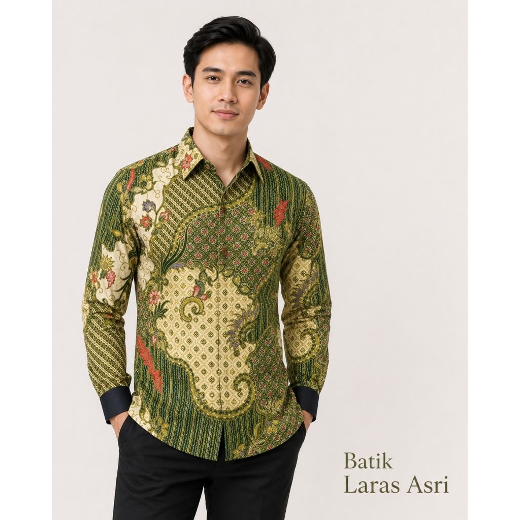 BATIK KEMEJA PRIA PANJANG PREMIUM | BATIK SLIM FIT KATUN HIJAU KENGOBATIK