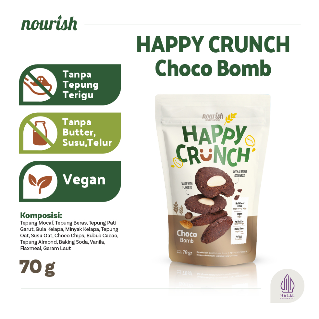 Nourish Happy Crunch Choco Bomb 70 gr - Cookies Sehat Tanpa Telur Tanpa Susu Coklat