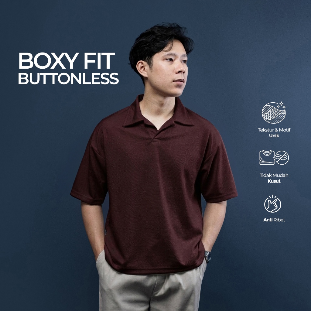 Fatto Mano Poloshirt Kemeja Polo Pria Boxy Fit Tanpa Kancing Rajut Tebal Warna Burgundy Poloshirt Pr