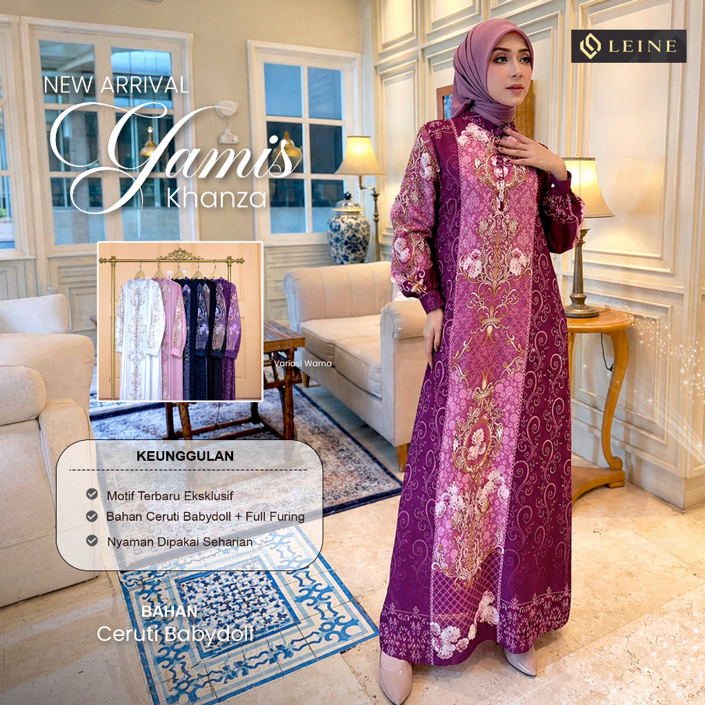 LEINE Gamis Ceruti Babydoll Premium Original Khanza | Gamis Muslimah Elegant Dress Wanita Kondangan 