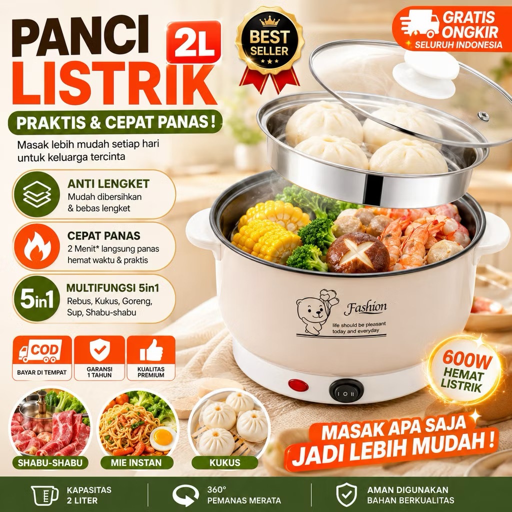 Panci Listrik Multifungsi Extra Besar Rice Cooker Steamboat Anti Lengket Stainless Steel