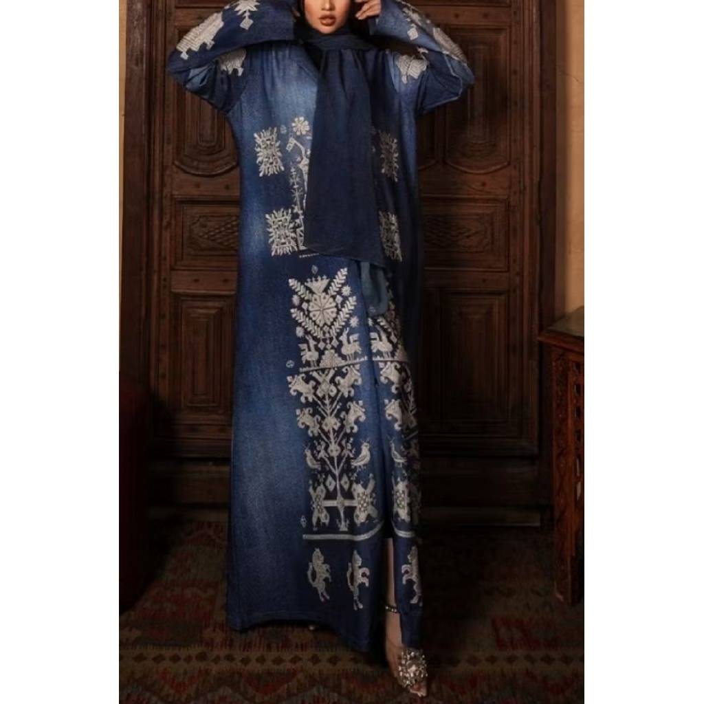 Damascus gamis/long cardi/outer motif/dress motif/dress blue denim/dress printed/