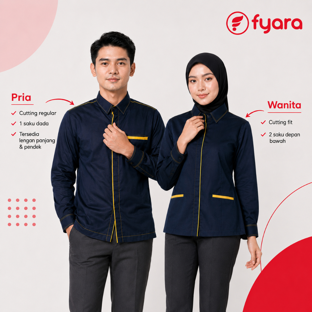 Kemeja Kerja Kombinasi List Kuning Pria Wanita Formal Navy | Baju Kantor Seragam Premium | Hidden Pl