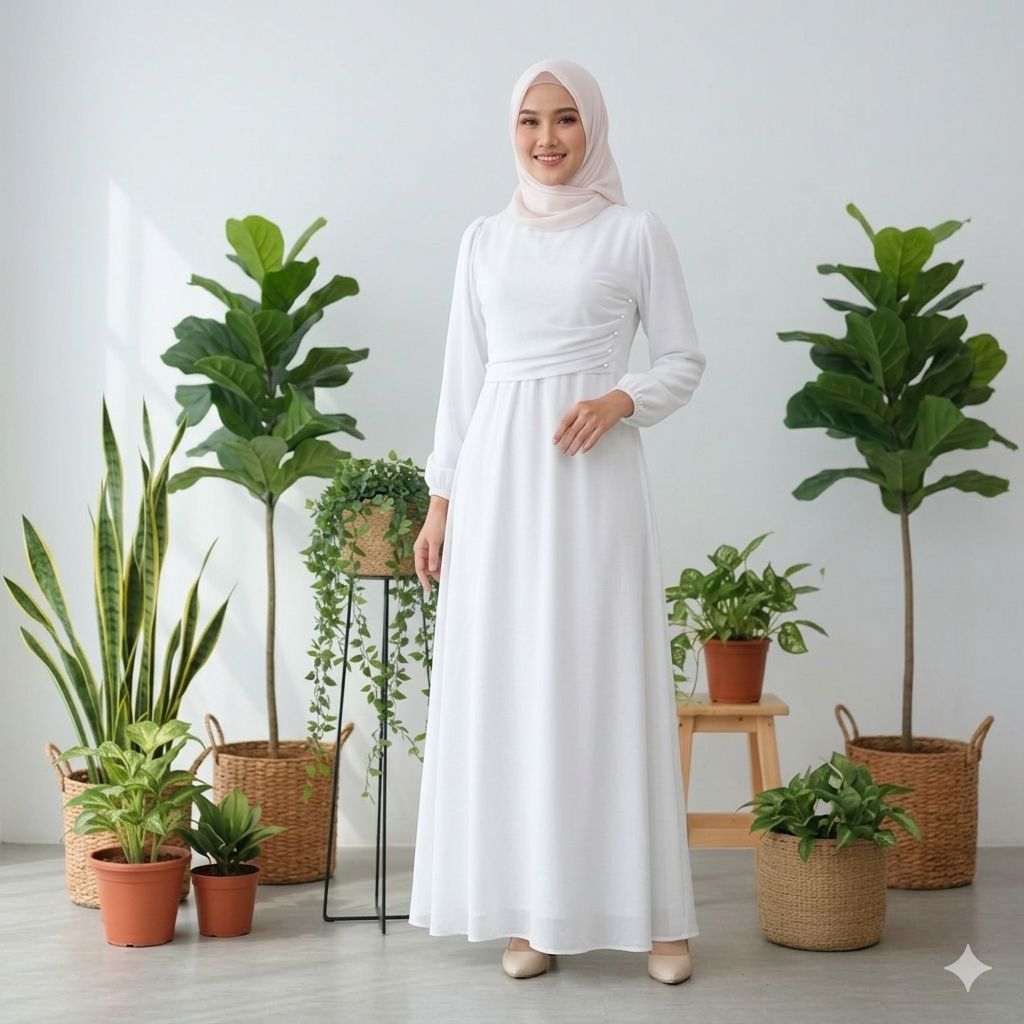 DRESS NAOMY MUTIARA/GAMIS KEKINIAN tampil elegan parian putih dengan bahan ceruty baby doll