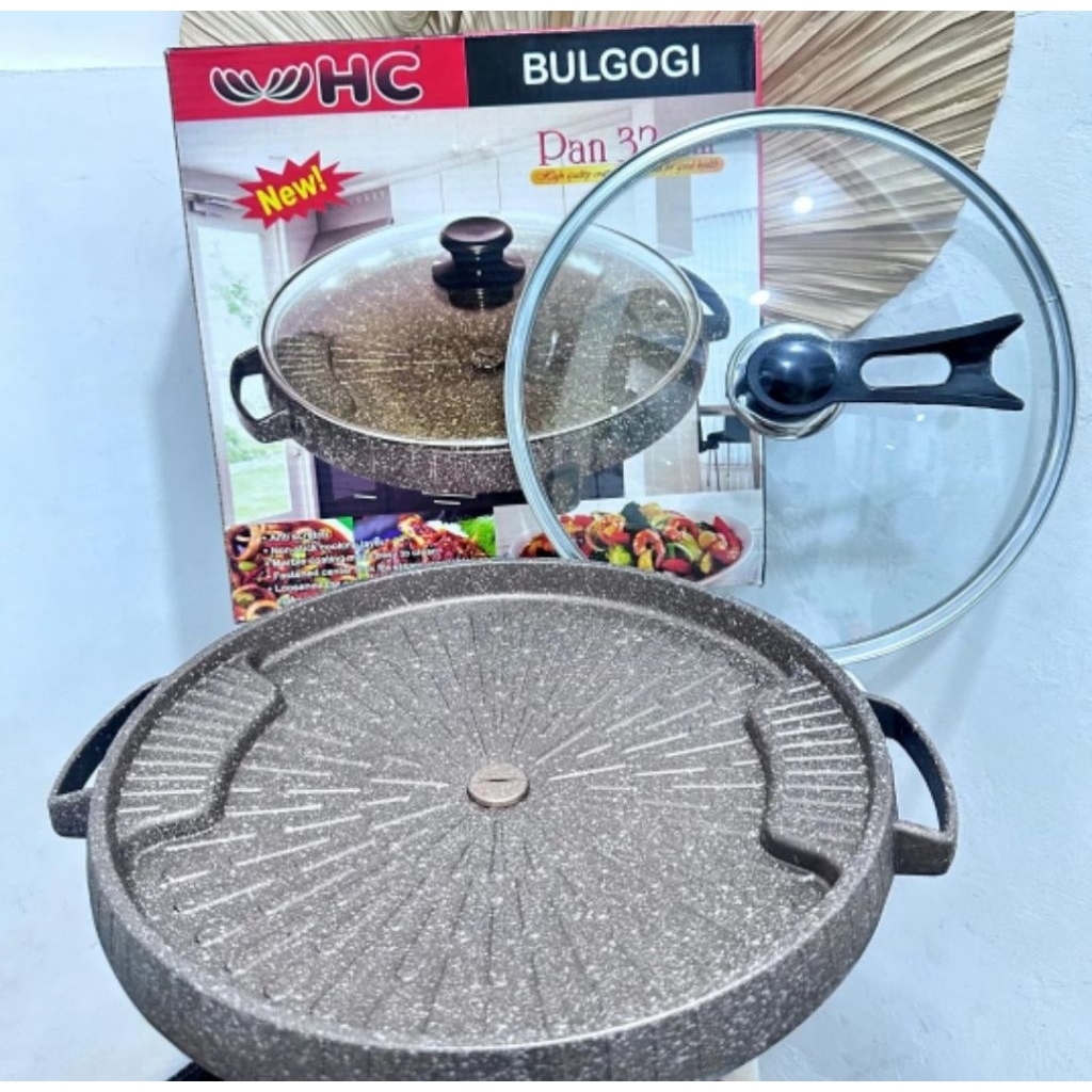 Grill Pan Bulgogi HC 32CM Plus Tutup Kaca / Alat Panggang Bakaran / Panci Griller Grill Bulat
