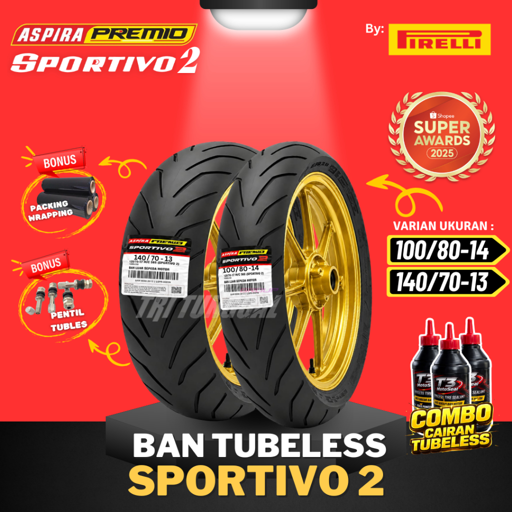 [READY COD] BAN ASPIRA PREMIO SPORTIVO 2 ( 100/80-14 & 140/70-13 ) TUBELESS MEDIUM SOFT COMPOUND RIN