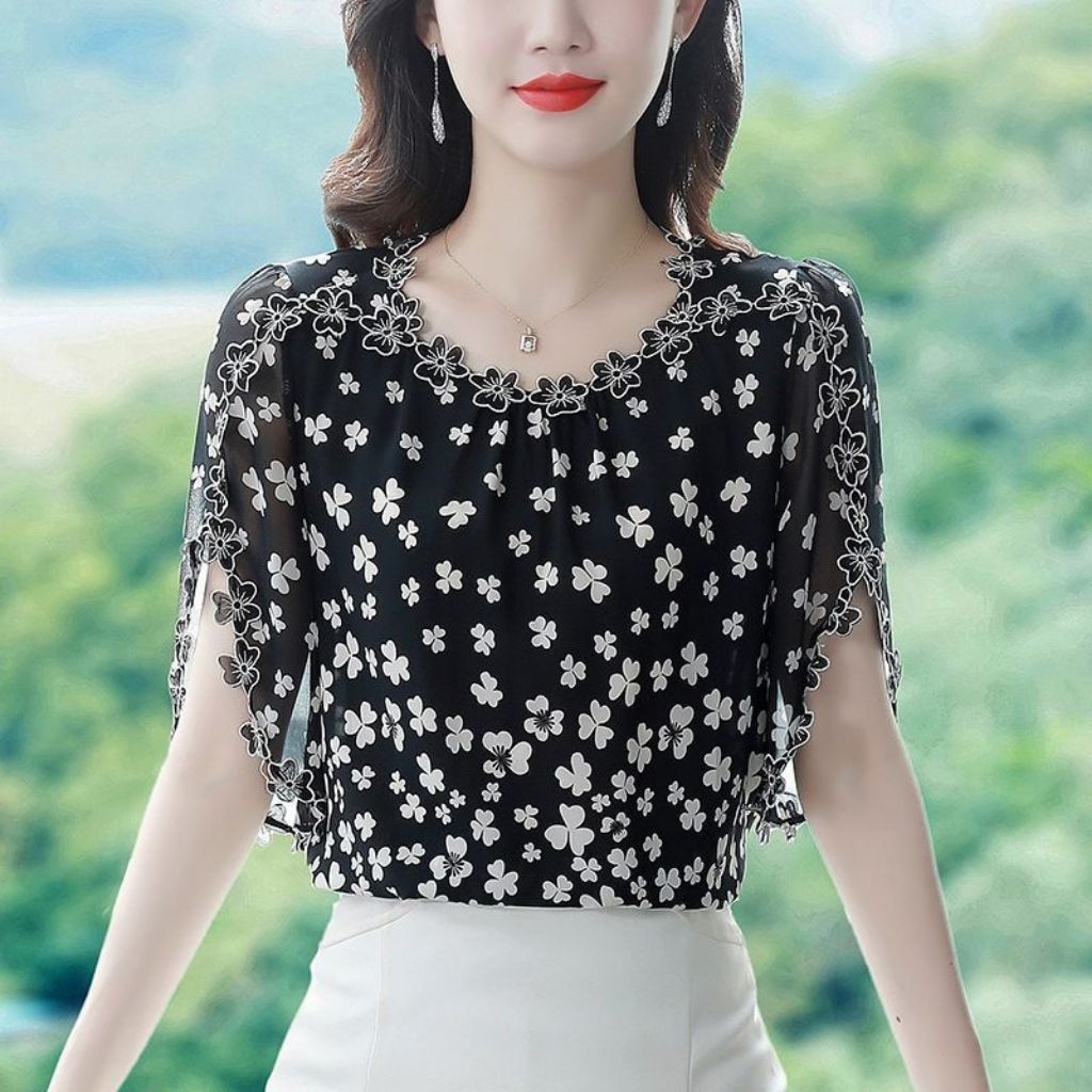 baju blouse wanita bahan sifon motif bunga renda